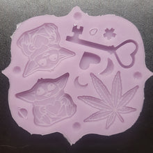 Load image into Gallery viewer, Etched Little Green Baby Aliens, Heart Key, and Pot Leaf Mold Made with Crystal Clear Platinum Silicone