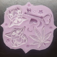 Load image into Gallery viewer, Etched Little Green Baby Aliens, Heart Key, and Pot Leaf Mold Made with Crystal Clear Platinum Silicone