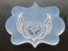 Load image into Gallery viewer, 1.5 x 2 Etched Baby Feet in Heart with Wings Mold made with Crystal Clear Platinum Silicone