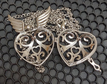 Load image into Gallery viewer, 3D Heart with Wings Cage Pendant and Chain will hold two 12mm beads (Please read description)