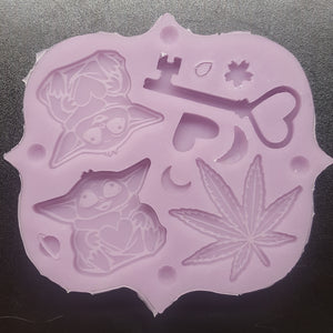 Etched Little Green Baby Aliens, Heart Key, and Pot Leaf Mold Made with Crystal Clear Platinum Silicone