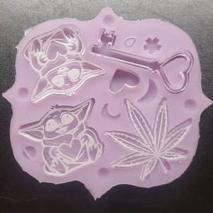 Etched Little Green Baby Aliens, Heart Key, and Pot Leaf Mold Made with Crystal Clear Platinum Silicone