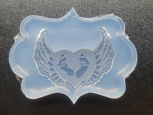 Load image into Gallery viewer, 1.5 x 2 Etched Baby Feet in Heart with Wings Mold made with Crystal Clear Platinum Silicone