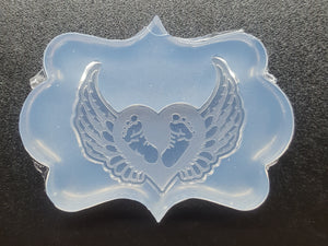 1.5 x 2 Etched Baby Feet in Heart with Wings Mold made with Crystal Clear Platinum Silicone