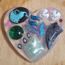 Load image into Gallery viewer, Peacock Cameo, Detailed hearts, Various Shapes, and Crystals in Crystal Clear Platinum Silicone Mold