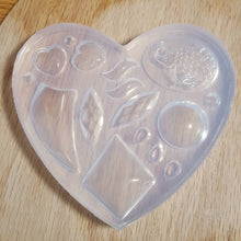 Load image into Gallery viewer, Peacock Cameo, Detailed hearts, Various Shapes, and Crystals in Crystal Clear Platinum Silicone Mold
