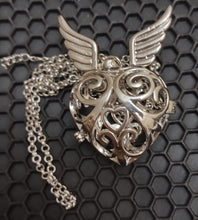 Load image into Gallery viewer, 3D Heart with Wings Cage Pendant and Chain will hold two 12mm beads (Please read description)